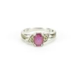 9ct white gold pink stone ring with diamond shoulders, size N, 3.3g :For Further Condition Reports