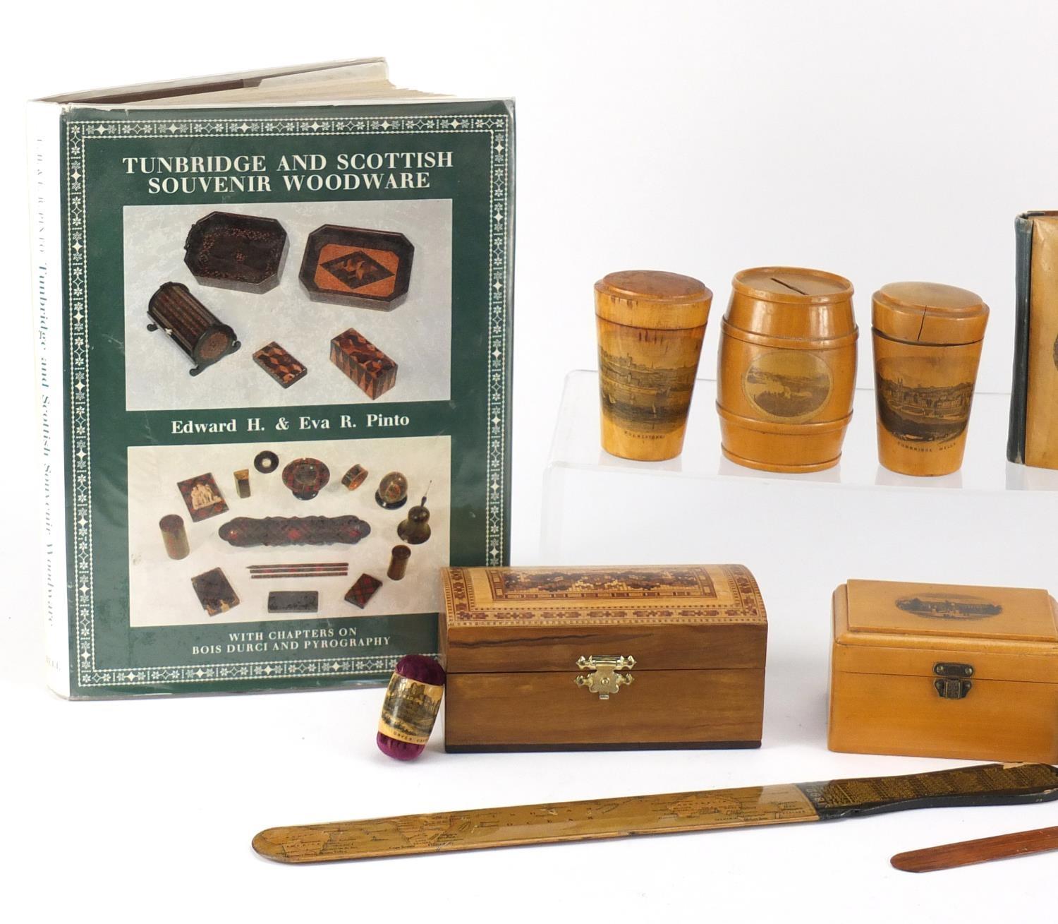 Woodenware and reference books including Mauchline Ware pin cushion, Tunbridge Ware letter opener - Image 2 of 10