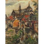Continental town scene, oil on board, bearing an indistinct signature possibly Ofha Furzes,