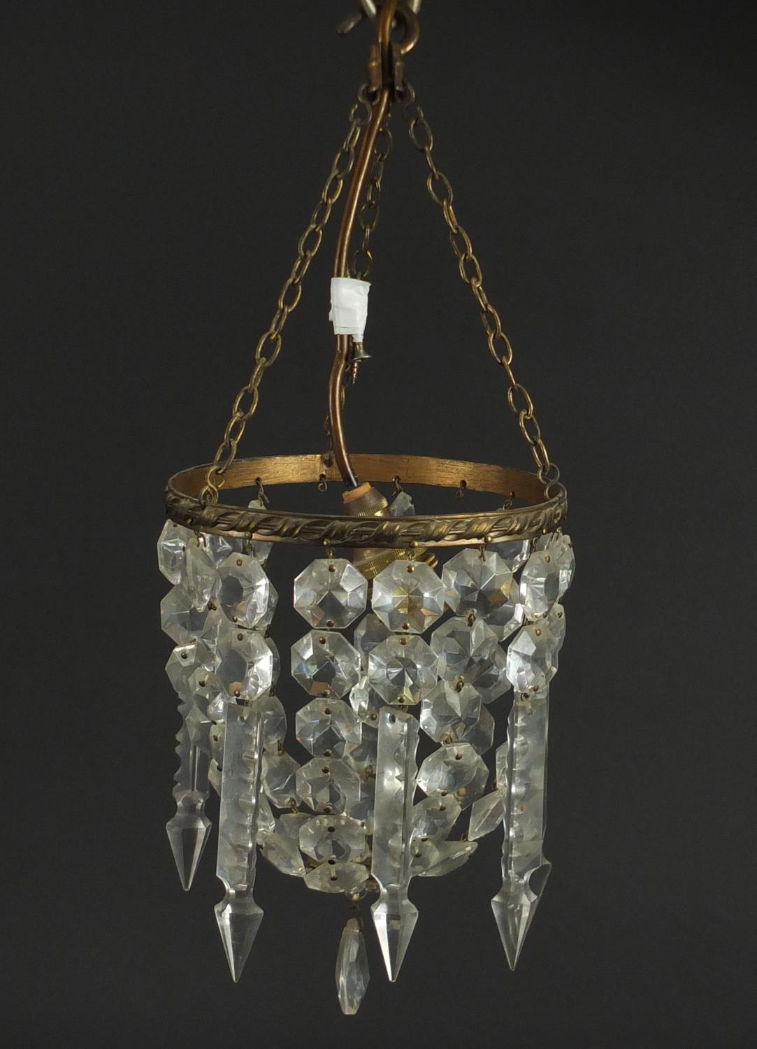 Two brass bag chandeliers with cut glass drops, the largest 20cm high x 16cm in diameter :For - Image 2 of 3