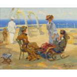 Vladimir Goussev - Figures by the sea, Russian oil on board, stamp and inscriptions verso, mounted