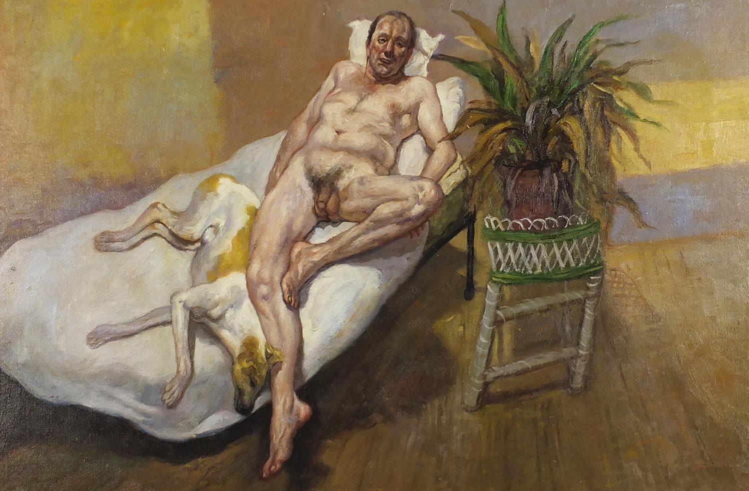 After Lucian Freud - Nude male with his dog, oil on board, framed, 75cm x 50cm :For Further - Image 2 of 8