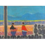 Two figures before mountains, modernist oil on canvas board, bearing an indistinct monogram possibly