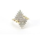 9ct gold diamond cluster cocktail ring, size O, 5.5g :For Further Condition Reports Please Visit Our