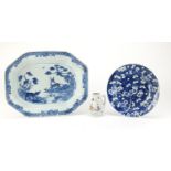 Chinese porcelain including a blue and white prunus dish and a famille rose sparrow beak jug, hand