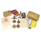 British Military World War I Militaria including brass Mary tin with tobacco, bullet, victory