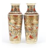 Pair of Japanese Satsuma pottery vases, each hand painted with warriors and flowers, each 27.5cm