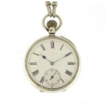 Victorian silver open face pocket watch with subsidiary dial on a silver watch chain, the movement