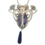 Egyptian Revival silver coloured moth pendant with lapis lazuli drop, 44cm in length :For Further