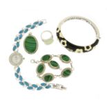 Silver jewellery including a ladies turquoise and topaz watch and a malachite bracelet, some with