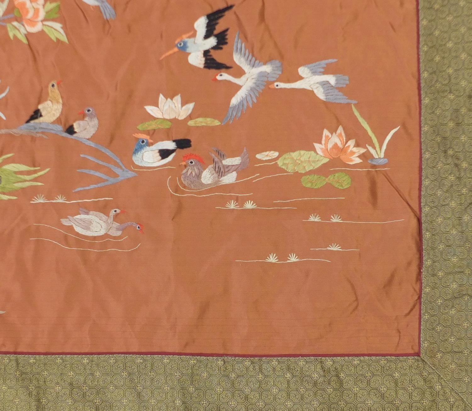 Large Chinese silk panel embroidered with birds of paradise amongst flowers, 113cm x 81cm :For - Image 7 of 8