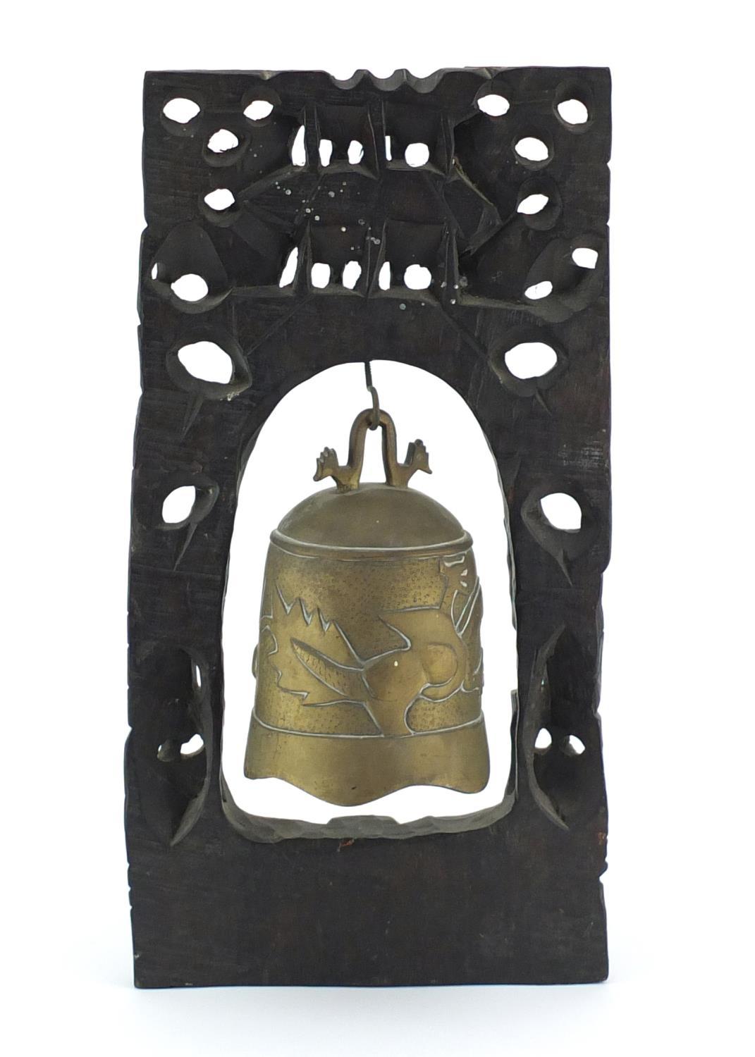 Chinese bronze bell with hardwood stand carved with dragons, 45cm high :For Further Condition - Image 2 of 2