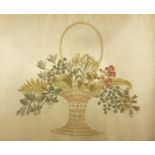 Victorian silkwork embroidered panel by M A Ward, depicting a basket of flowers, dated 1886, mounted