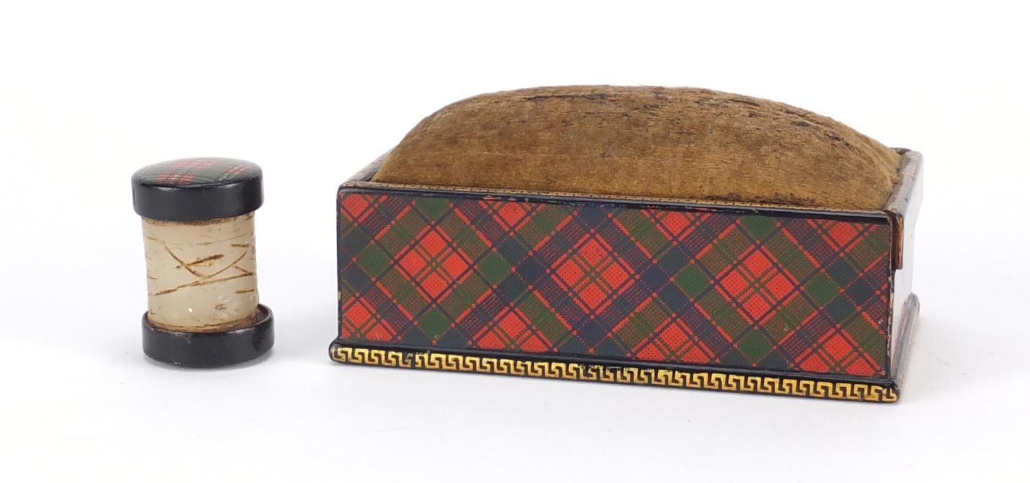 Victorian Tartanware thread waxer and rectangular pin cushion box having a sliding lid together with - Image 3 of 5