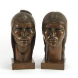 Pair of Native American carved hardwood busts, one signed Gutierrez, the largest 24.5cm high :For