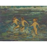 Children playing in the water, post impressionist oil on board, bearing an indistinct signature
