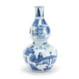 Chinese blue and white porcelain double gourd vase, hand painted with figures in a landscape, 29.5cm