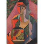 Abstract composition, cubist portrait with fruit, oil on board, bearing an indistinct inscriptions