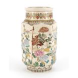 Japanese Satsuma pottery vase with hexagonal body, hand painted with birds amongst flowers, 24cm