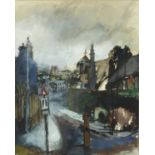 Julia Gurney - Narrow road, signed watercolour, inscribed Bankside Gallery label verso, mounted