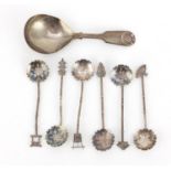 Victorian silver caddy spoon and set of six Japanese sterling silver teaspoons, the largest 11cm