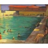 Manner of Sir John Lavery - Figures in a pool, oil on board, framed, 59cm x 49cm :For Further