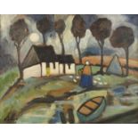 After Markey Robinson - Figure before cottages in a landscape, Irish school oil, framed, 49cm x 39.