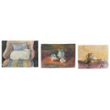 Marie Borobieff Marevna - Still life and a seated cat, three watercolours on card, unframed, the