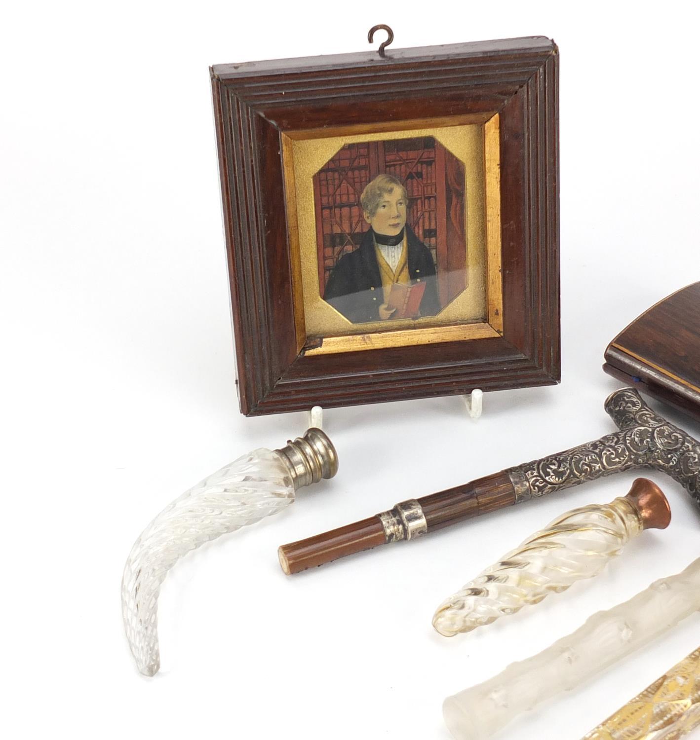 Objects including an embossed silver parasol handle, antique glass scent bottles, portrait miniature - Image 2 of 6