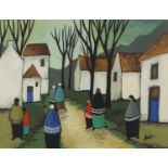 After Markey Robinson - Figures in a town, Irish school gouache, framed, 46.5cm x 35.5cm :For