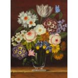 Johann Crepaz - Garden flowers, oil on board, inscribed label and Stacy Marks label verso, mounted