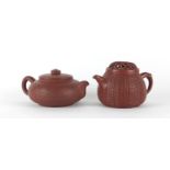 Two Chinese Yixing terracotta teapots including a basket design example, both with character marks