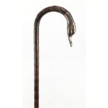 Silver topped walking stick with ducks head design handle, Birmingham hallmarks, 90cm in length :For