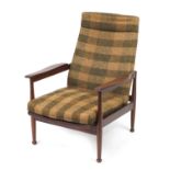 Vintage Scandinavian rosewood reclining chair with tweed upholstery, probably Danish 92cm high :