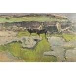 Cows on cliff tops, oil on canvas, bearing an indistinct signature possibly Mguir, mounted and