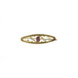 Art Nouveau 9ct gold amethyst and seed pearl bar brooch, 4.5cm in length, 2.3g :For Further