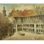 Continental courtyard with horse drawn cart, oil on canvas, bearing an indistinct signature, framed,
