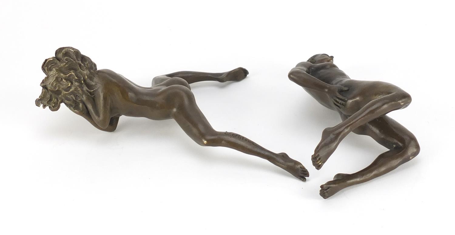 J Patoue, two erotic patinated bronzes of a nude male and a female, both signed, the largest 15cm in - Image 5 of 6