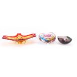 Three colourful Art glass dishes including a Murano style example, the largest 31cm in length :For