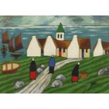 After Markey Robinson - Figures before cottages, Irish school gouache, framed, 35cm x 25.5cm :For