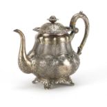 Good Chinese Canton silver teapot by Khecheong, finely embossed with birds amongst a landscape, 19cm