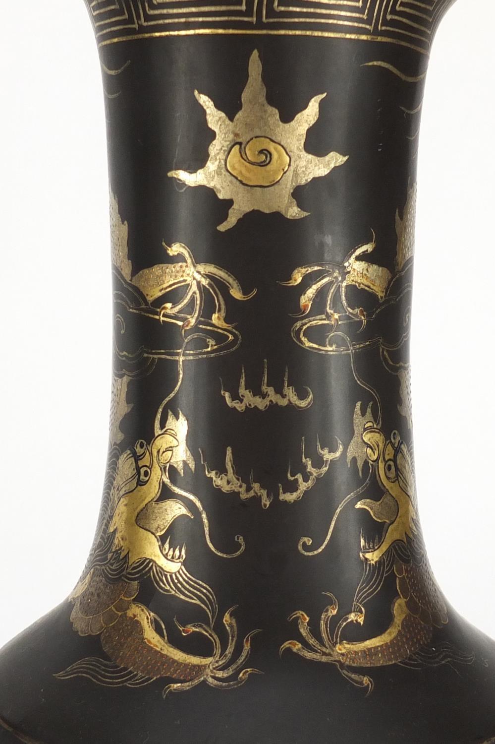 Pair of Chinese papier-mâché vases on stands, both gilded with dragons chasing the flaming pearl, - Image 5 of 23