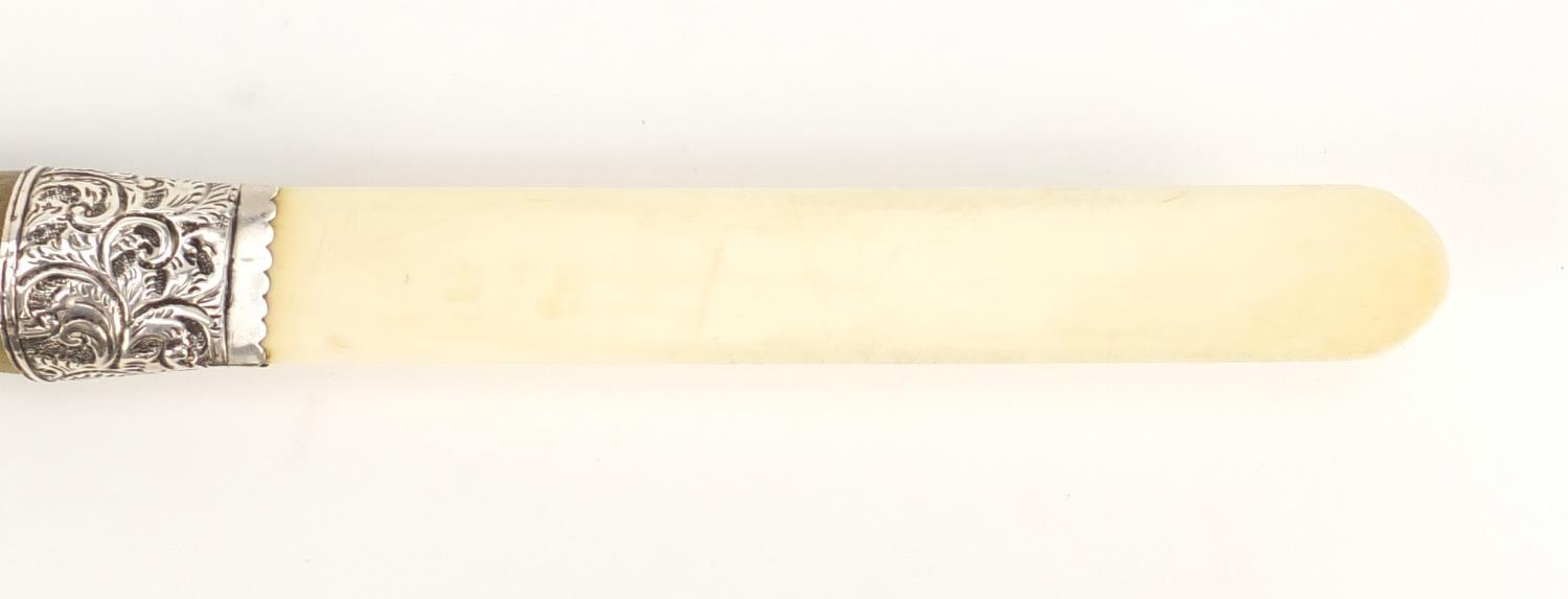 Rhinoceros horn handled ivory page turner with silver mount, indistinct Birmingham hallmarks, 34.5cm - Image 3 of 7