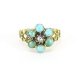 Victorian unmarked gold turquoise and diamond flower head ring, size L, 2.6g :For Further