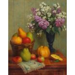 D Koniaev - Still life flowers and fruit, Russian oil on canvas, inscribed verso, mounted and