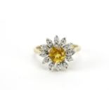 9ct gold citrine and clear stone flower head ring, size M, 3.9g :For Further Condition Reports