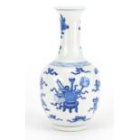 Chinese blue and white porcelain vase, hand painted with precious objects, Qing Dynasty, Kangxi blue