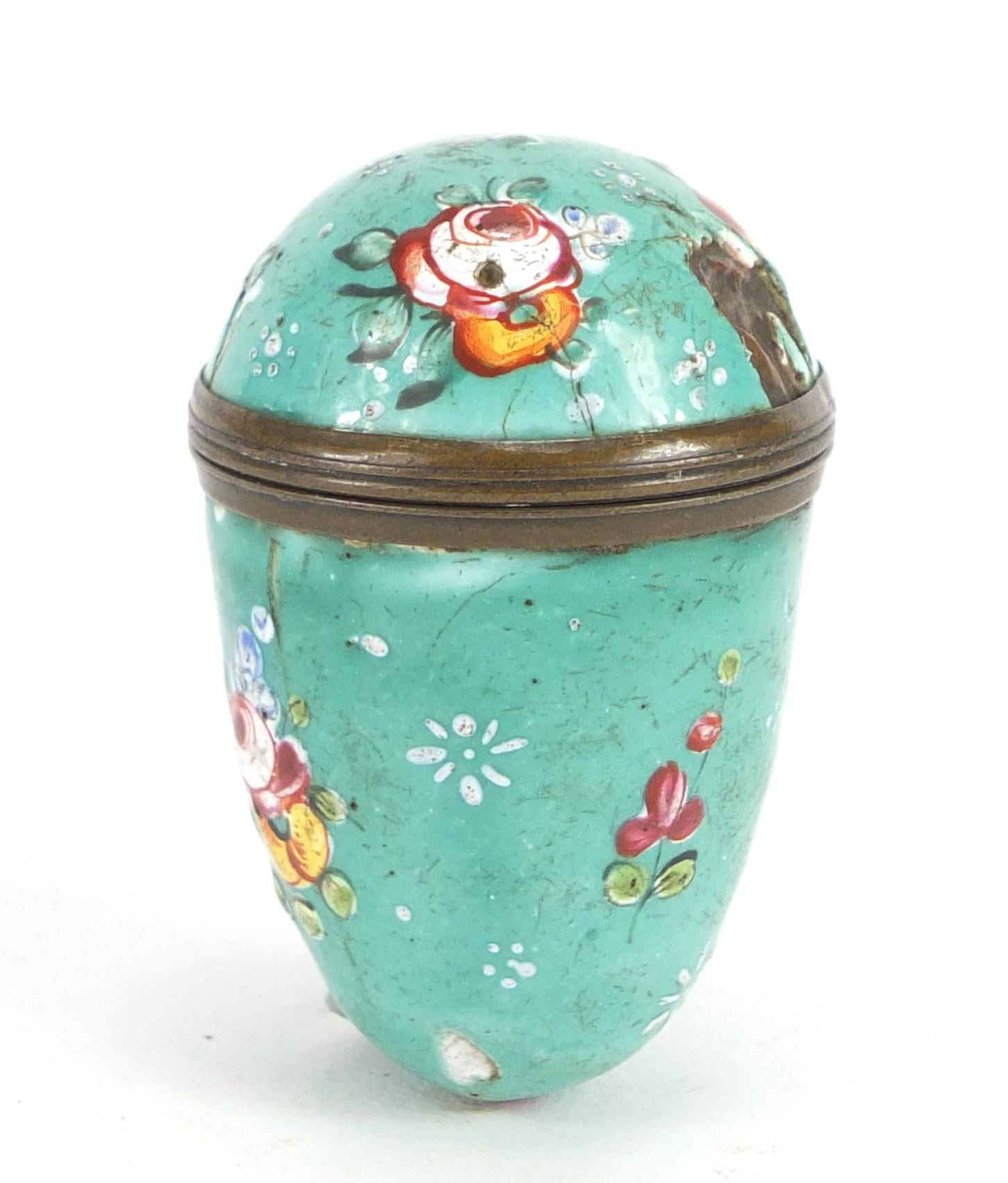 18th century Bilston enamel nutmeg grater hand painted with flowers, 5cm high :For Further Condition - Image 3 of 5