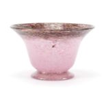 Monart brown and pink art glass bowl with flared rim and gold flecking, part paper label to the