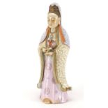 Large Chinese porcelain figure of Guanyin wearing a robe and holding a scroll, finely hand painted
